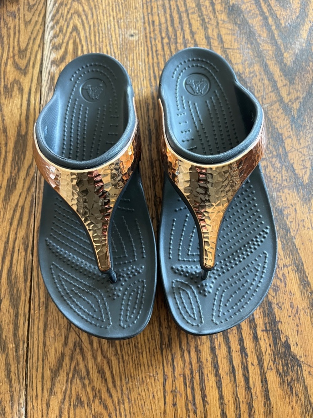 Crocs Metallic Snake-Embossed Thong Sandals - Black with Rose Gold Accent